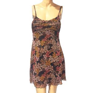 No comment NY•LA Women's Brown Floral Shift Dress Size M Chiffon Overlay Ruched